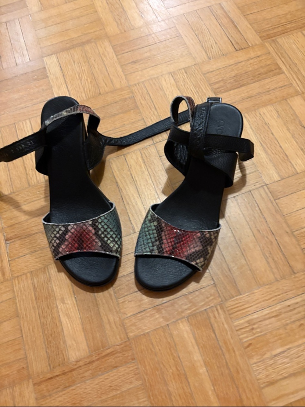 Arche Black Ankle-Strap Sandals with Multicolor Snake-Print Strap NWOT